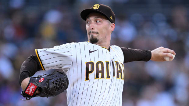 Closeup of Blake Snell delivering a pitch